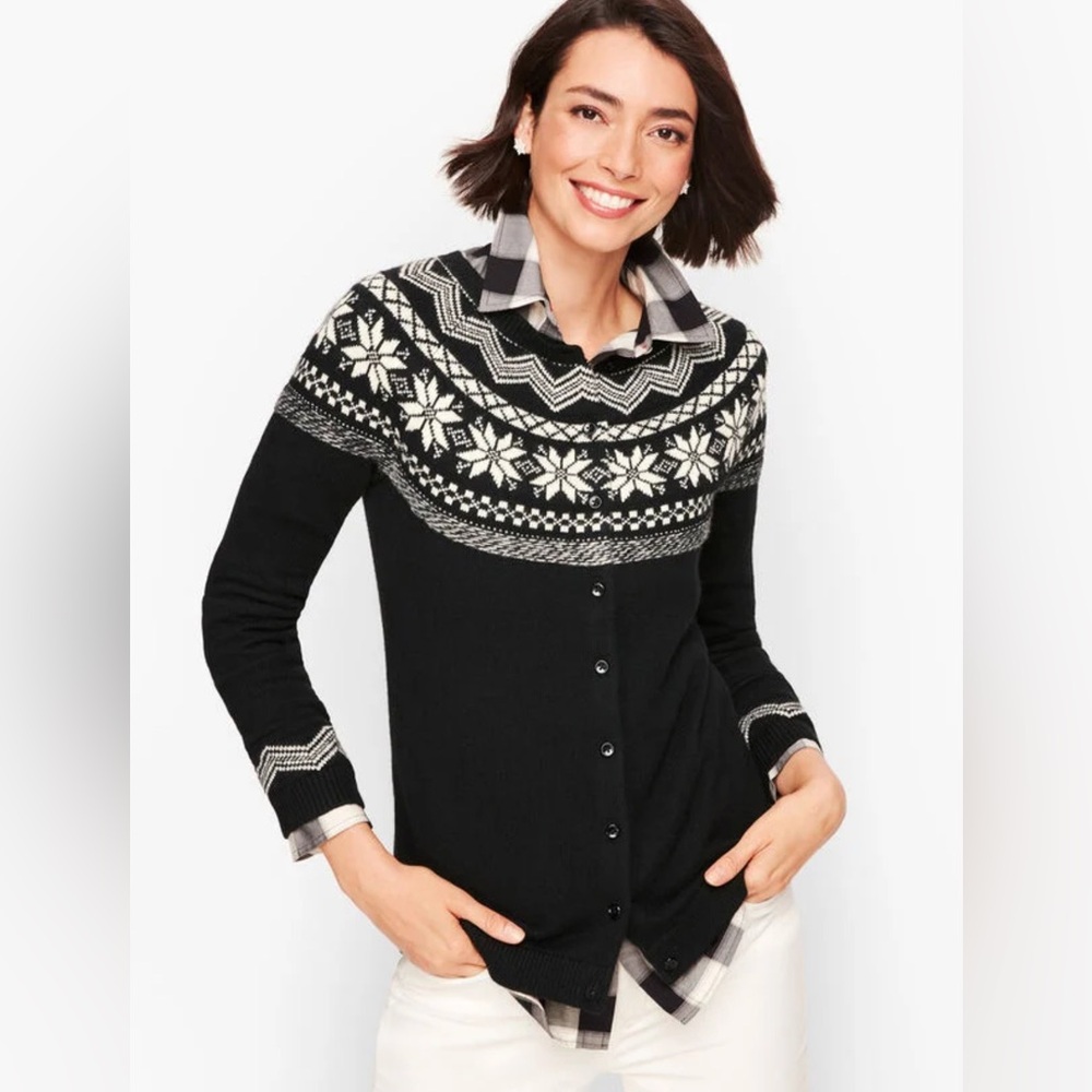 Talbots Snowflake Fair‎ Isle Cardigan Black & White Size Large Petite